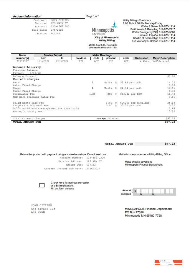 USA Minnesota Minneapolis City of Lakes utility bill template in Word and PDF format